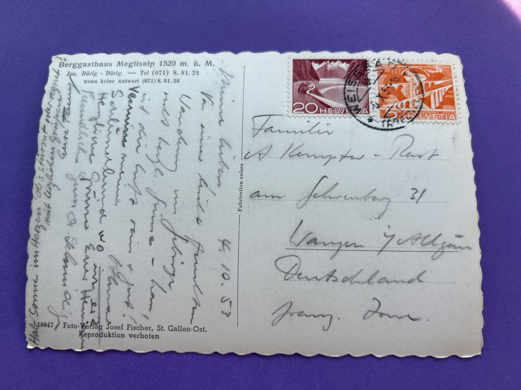 Ansichtskarten: Meglisalp 1520m 1953 – Gebraucht aus Hefenhofen von Bierinder 1