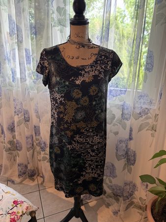 ROBE LAN VÔ – BLEU MARINE MOTIFS FLORAUX – 38 – BON ÉTAT