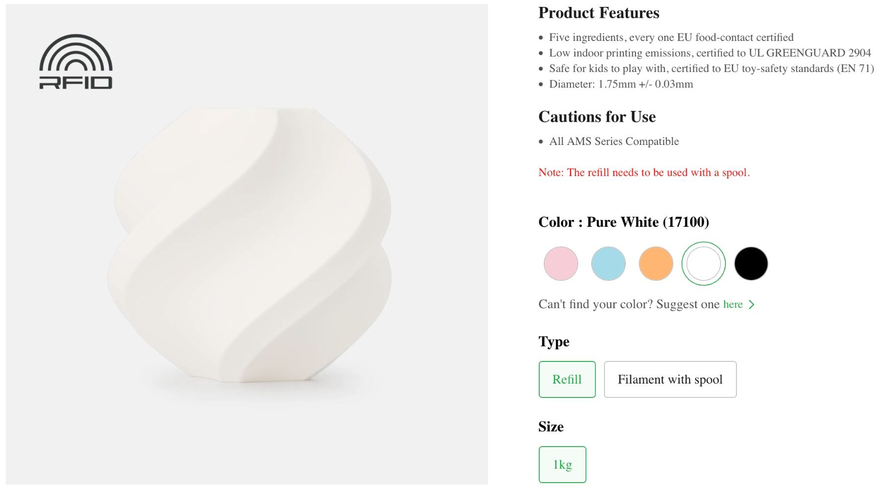 Filamento: Bambu Lab PLA Pure White (17100) / refill – Nuovo e nell'imballaggio originale da Aven venduto da psdigital 1