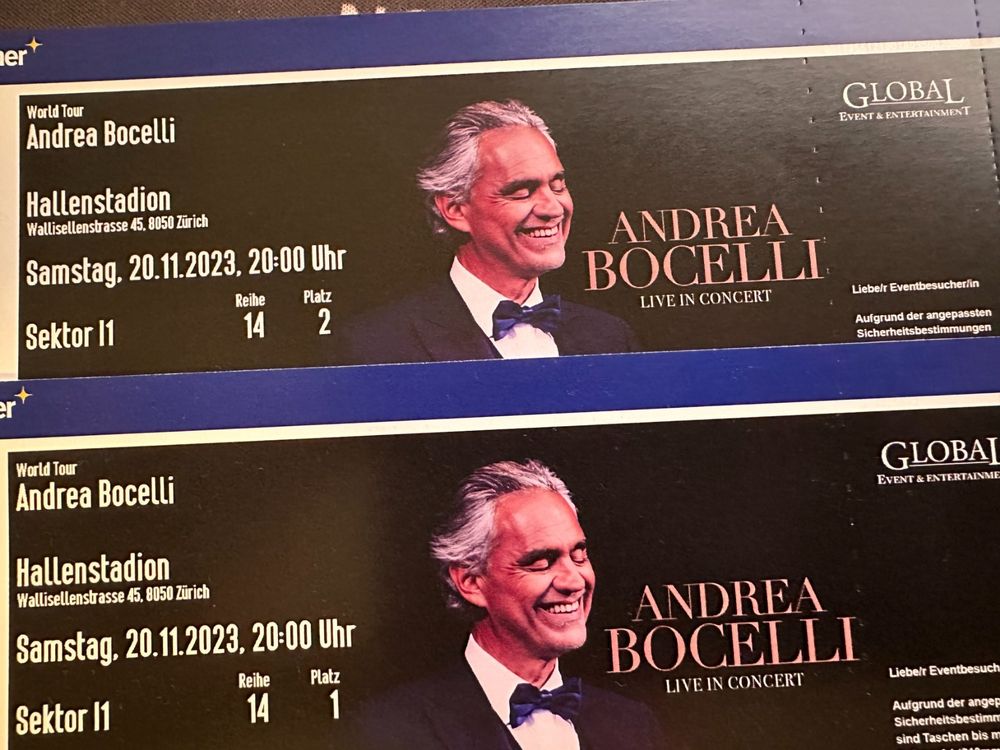 Andrea Bocelli Zurich - 2 Tickets - Sector I1 | Kaufen Auf Ricardo