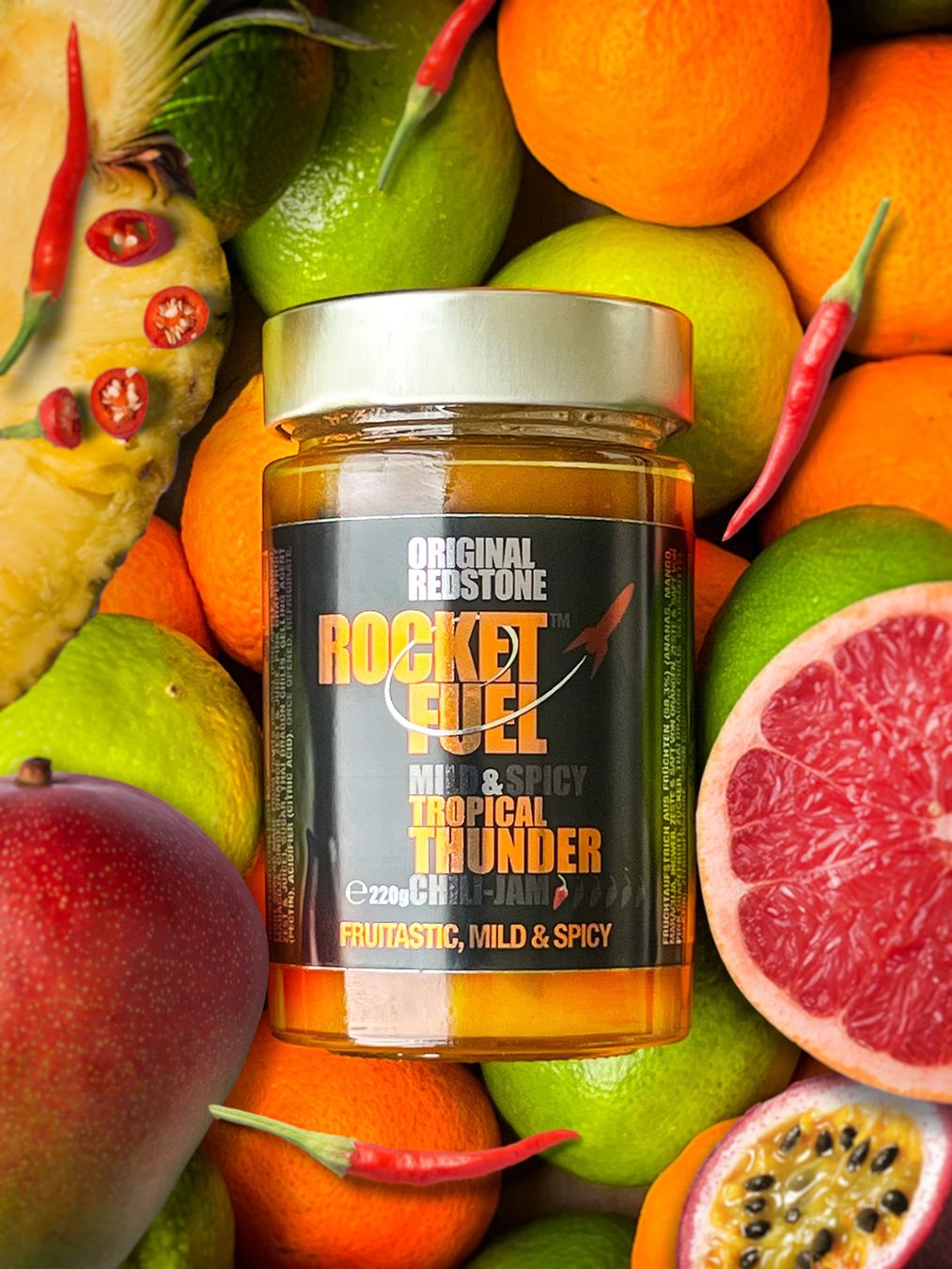 Lebensmittel & Spezialitäten: 3 Gläser Rocket Fuel Tropical Thunder Mild & Spicy Chili Jam – Neu und originalverpackt aus Meilen von tecdiver