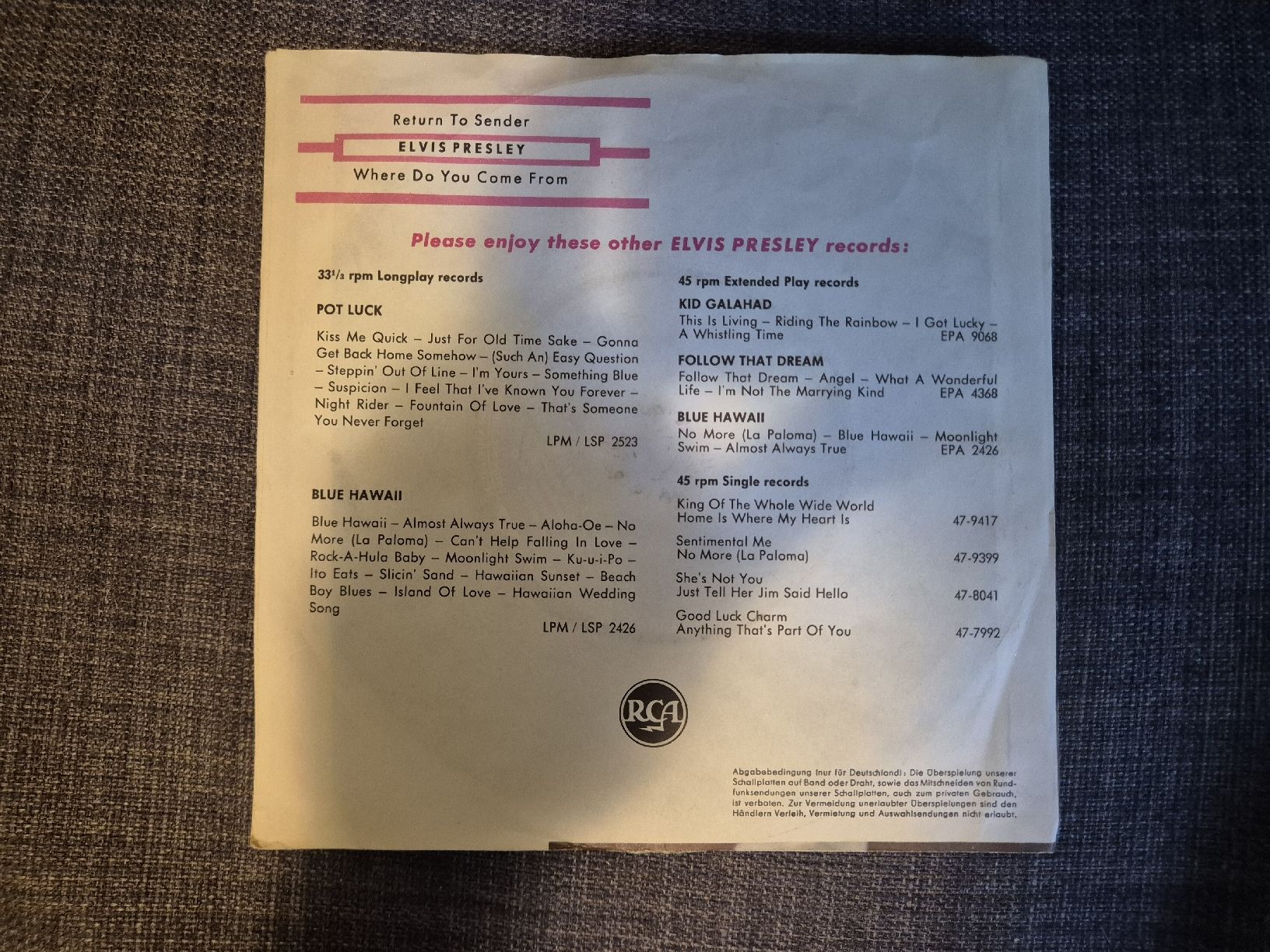 Dischi in vinile: Vinyl Single Elvis Presley Return to Sender – Usato da Binningen venduto da rom_9ls7 1