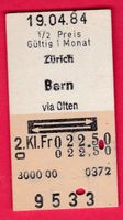 KARTON BILLETT, ZÜRICH-BERN, HALBTAX, RETOUR, 2.KLASSE, 1984