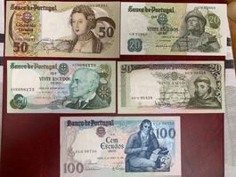 PORTUGAL- 100, 50, 20, 20, 20 Escudos 1964-1985 (5)- F. UNZ.