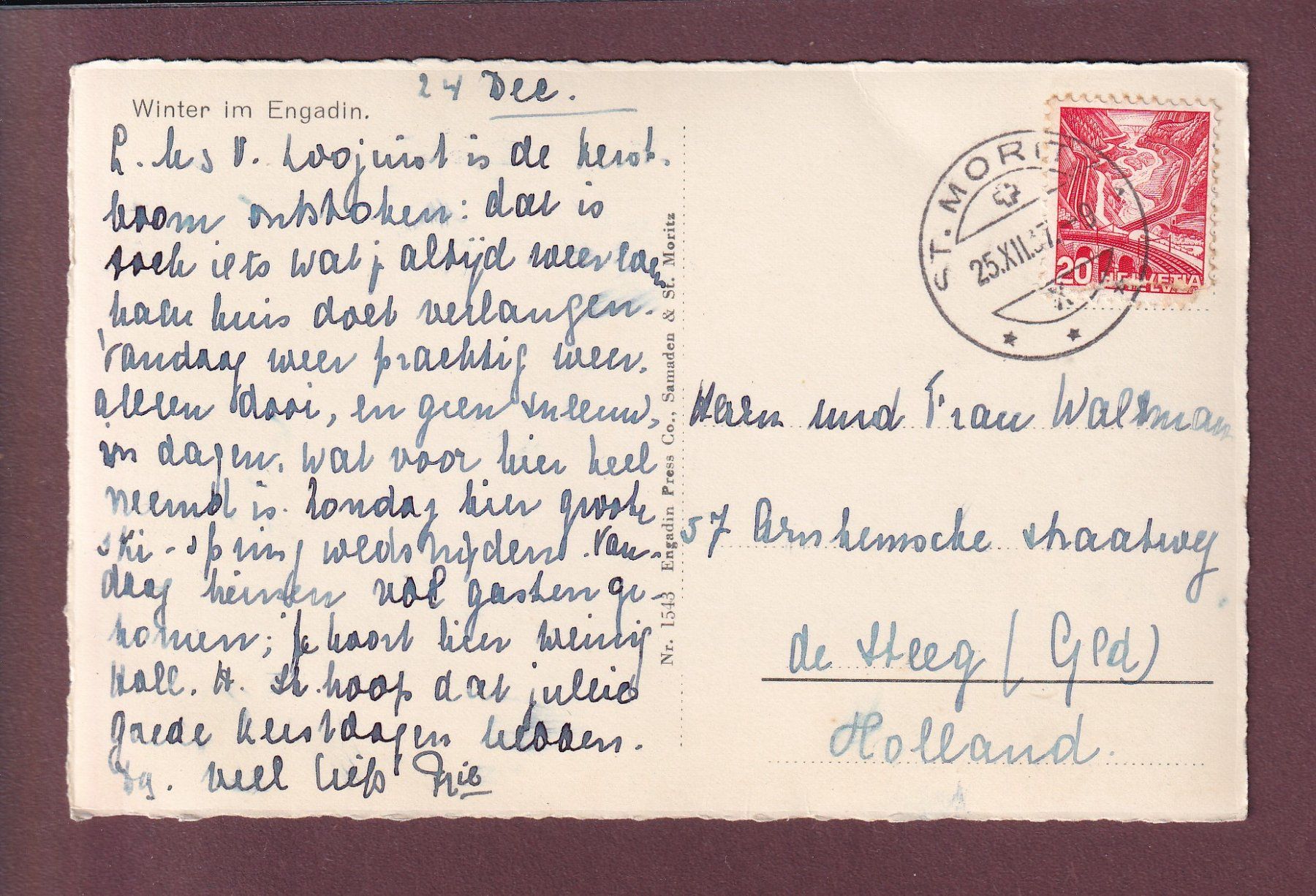 Cartoline postali: Winter im ENGADIN - 1937 – Usato da Pully venduto da nicecards 1
