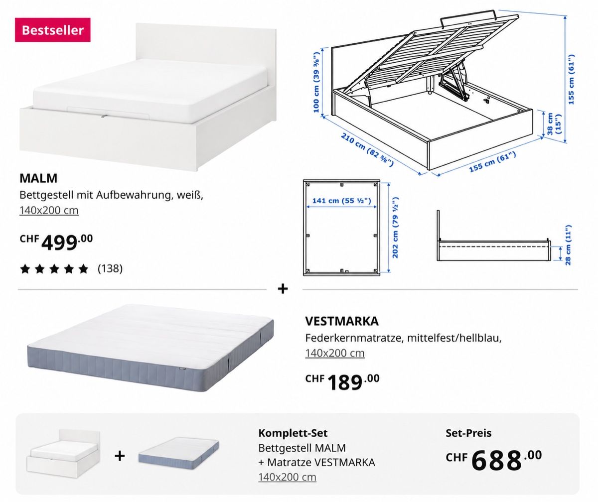 Ikea Letti: Bett mit Matratze weiss 140x200cm – Usato da Wettingen venduto da iv_03