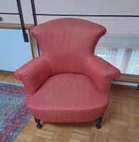 Fauteuil crapaud vintage orange corail, tissu à chevrons