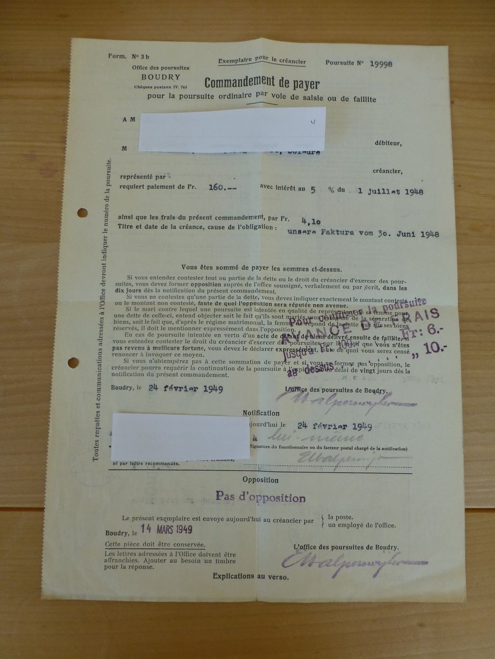 Documenti: Boudry, Commandement de payer, 1949 – Usato da Bettlach venduto da 1saurer
