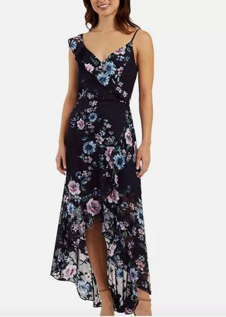 Womens Navy Asymmetrical Hi-Low Floral Maxi Dress