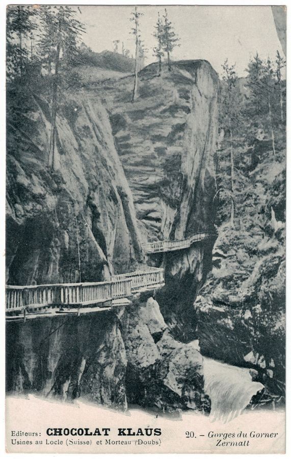 Cartoline postali: Gorges du Gorner, Série Chocolat Klaus, vers 1900 – Usato da Frauenfeld venduto da POML