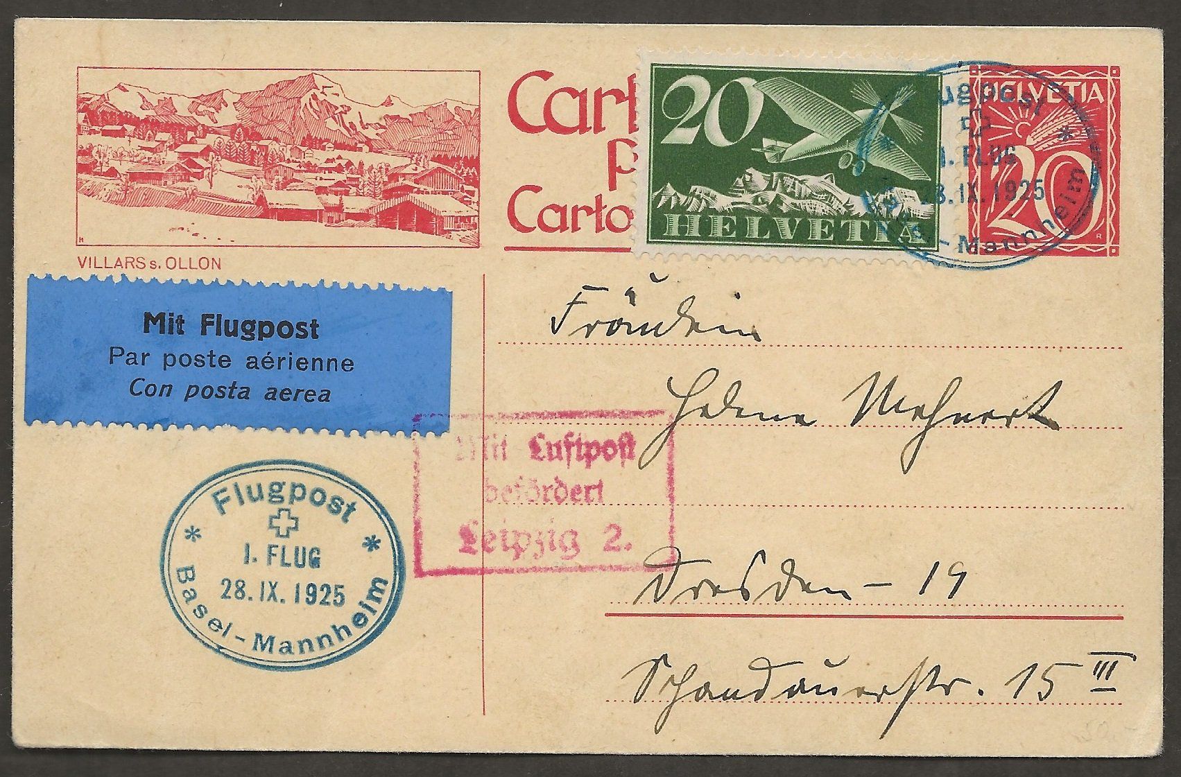 Tutti i francobolli: Flugpost Schweiz 1925 Basel Mannheim Leipzig Luftpost – Usato da Au ZH venduto da xelagreb01