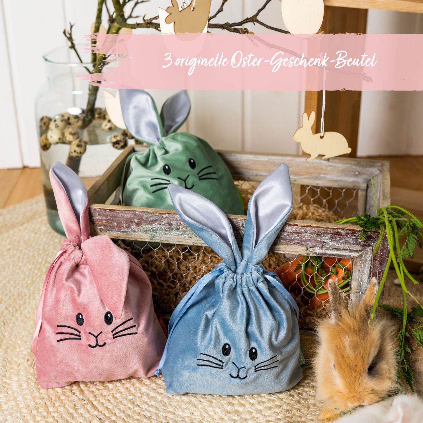 Alle Dekorationen: 3 Geschenksäckchen zu Ostern aus Samt – Neu und originalverpackt aus Walenstadt von Trend-24 1