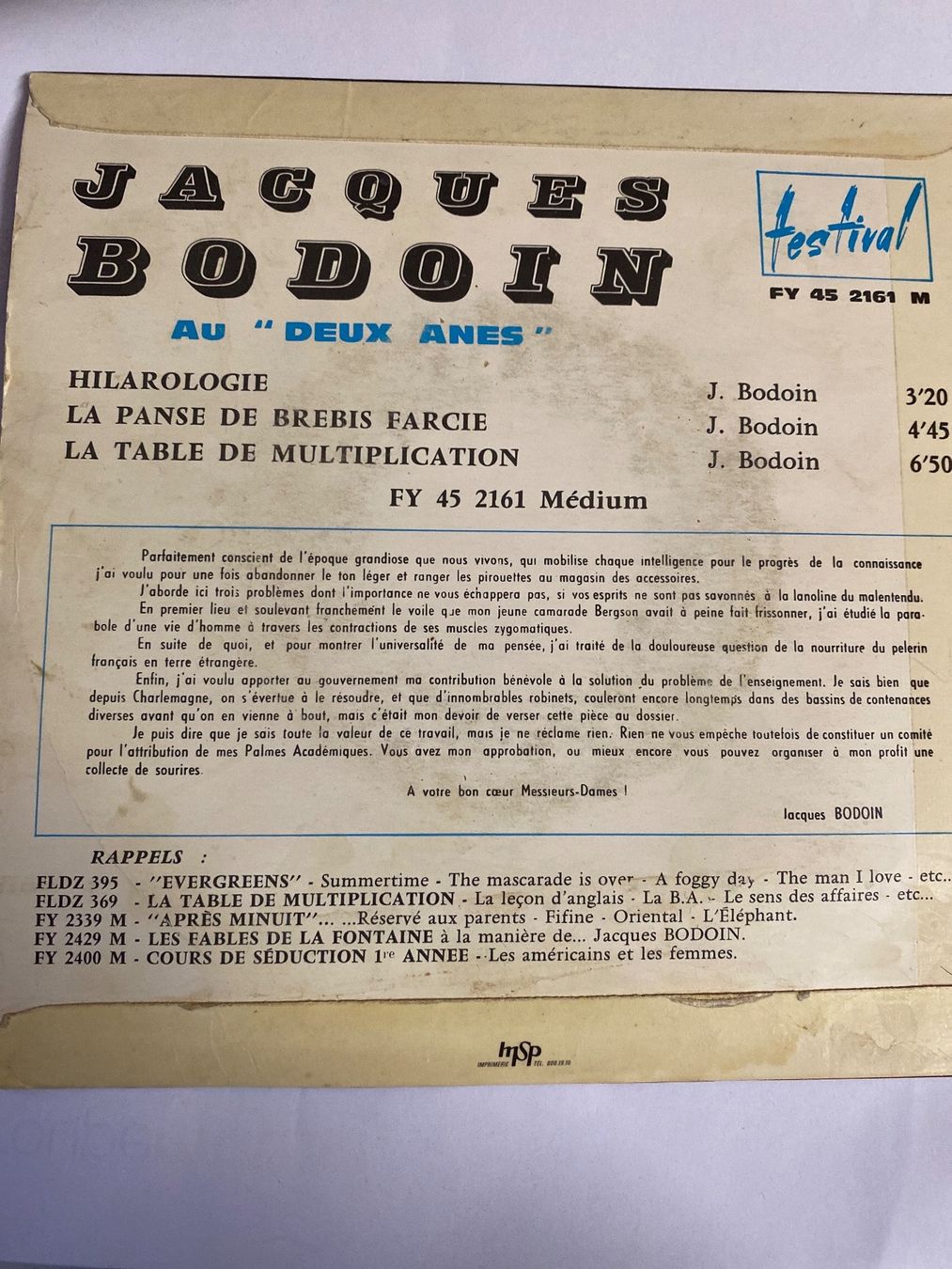 Dischi in vinile: JACQUES BODOIN - LA TABLE DE MULTIPLICATION - 45 tours – Usato da Le Brassus venduto da cinema13 1