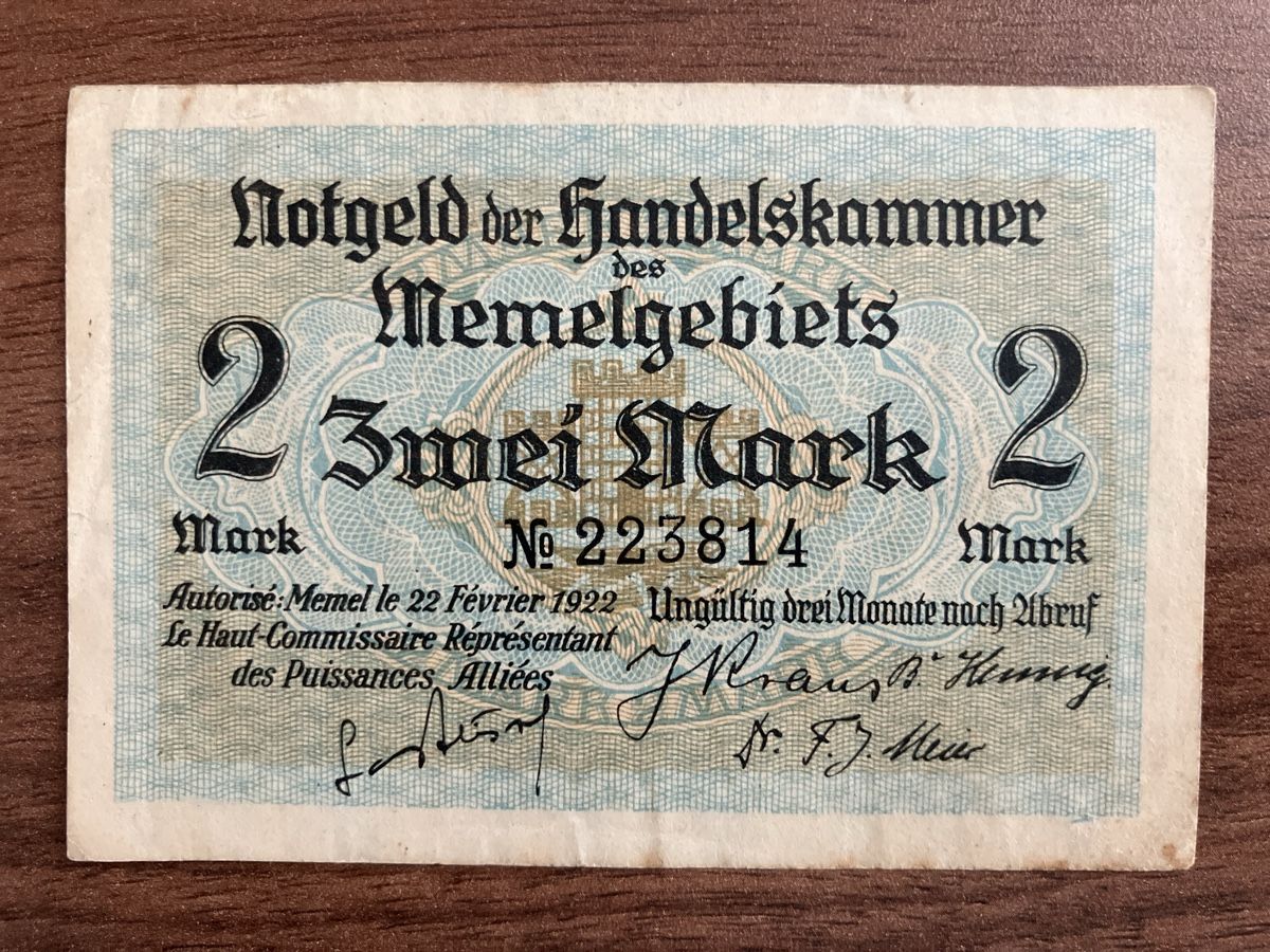 Banconote: Memel Notgeld 2 Mark Banknote – Usato da Wettingen venduto da BAG4478 1