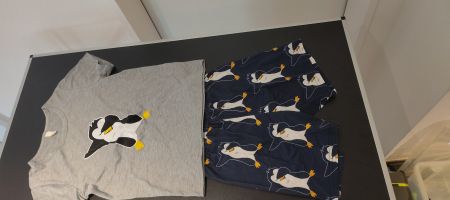 Kinder Pyjama Schlafanzug Pinguin Grau Dunkelblau Gr. 140