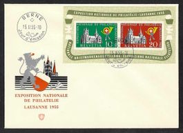 1955, W35 Block Lausanne auf illustr./unadr. FDC frz (15953)