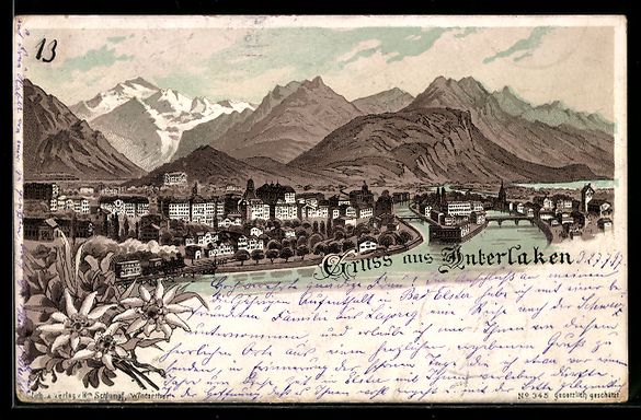 Cartoline postali: Litho Interlaken, Panorama mit Brücke u – Usato da Berlin venduto da bartko-reher