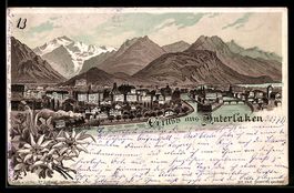 Litho Interlaken, Panorama mit Brücke u