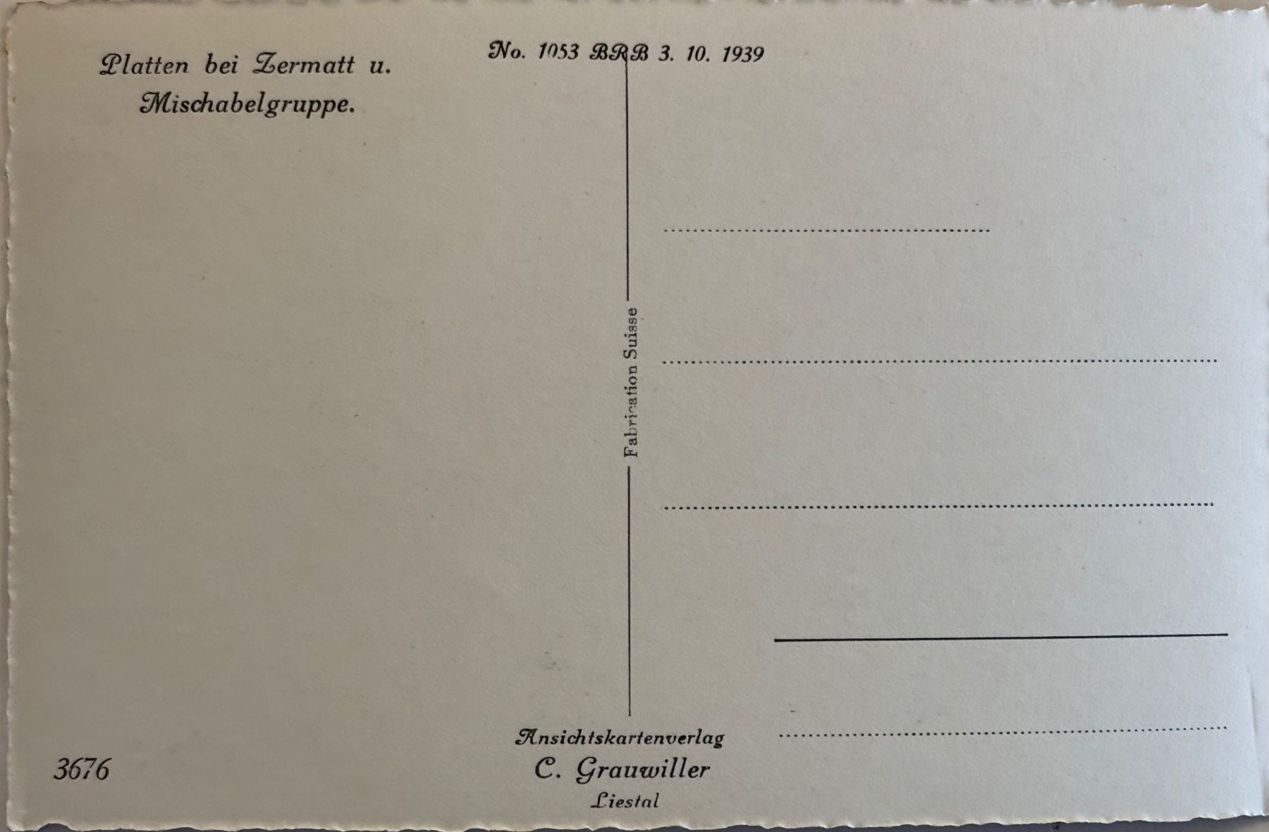 Cartoline postali: C. Grauwiller, Liestal - Platten bei Zermatt – Usato da Frauenfeld venduto da Merk52 1