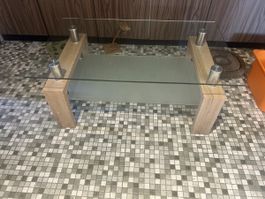 Table basse en verre et bois, état acceptable