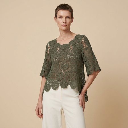 Blouse Crochet Vert Kaki Manches 3/4 T. M
