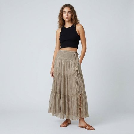 Jupe portefeuille longue Sluiz Ibiza beige details dorée - L