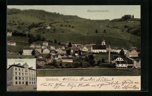 Cartoline postali: AK Urnäsch, Gesamtansicht mit Schulhaus – Usato da Berlin venduto da bartko-reher