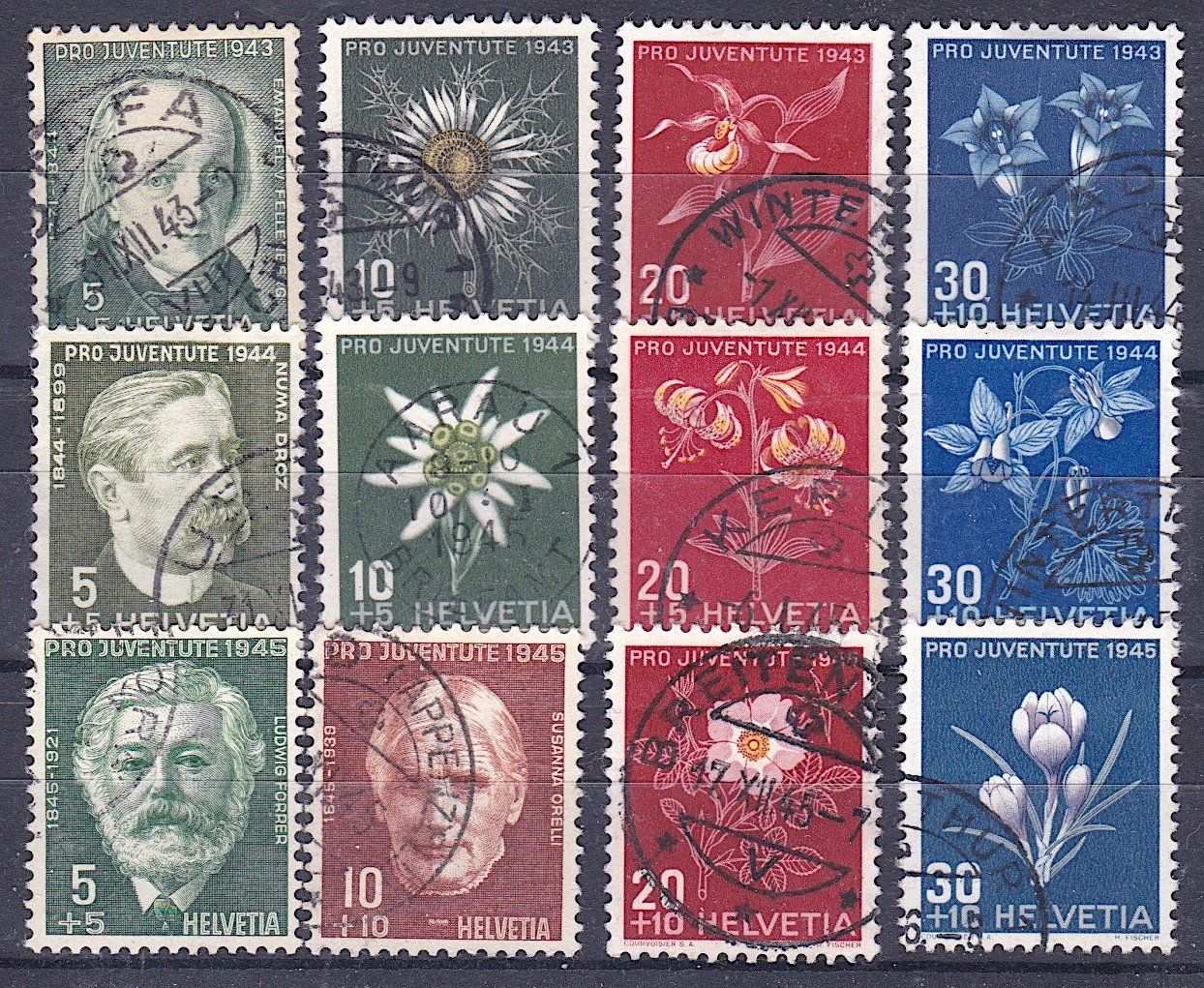 Tutti i francobolli: PJ 1943-1945 gestempelt. Kat Fr. 30.-. – Usato da Richterswil venduto da Dyaris2025