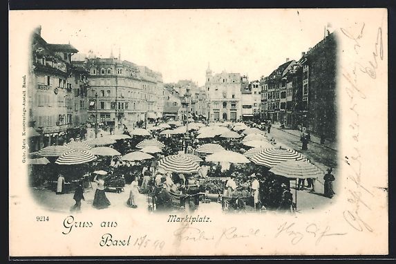 Cartoline postali: AK Basel, Marktplatz mit Markttreiben – Usato da Berlin venduto da bartko-reher