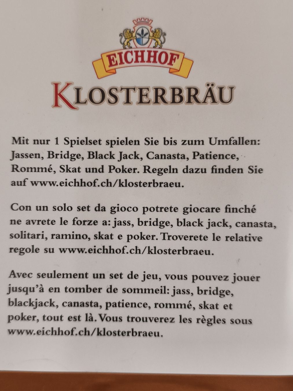 Giochi: Kartenetui Eichhof Klosterbräu mit Spielkarten und Stift(A61 – Nuovo e nell'imballaggio originale da Künten venduto da Schnaepplihuus 4