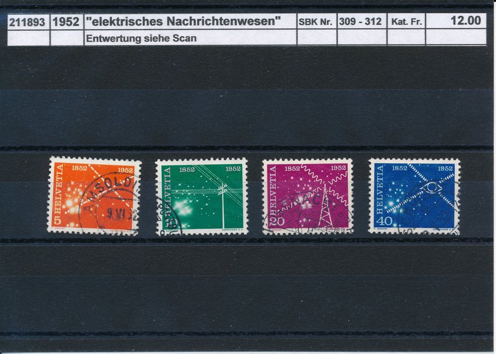 Schweiz Briefmarken 1952 'Nachrichtenwesen' – Komplettausgabe 566-569, Postfrisch MNH