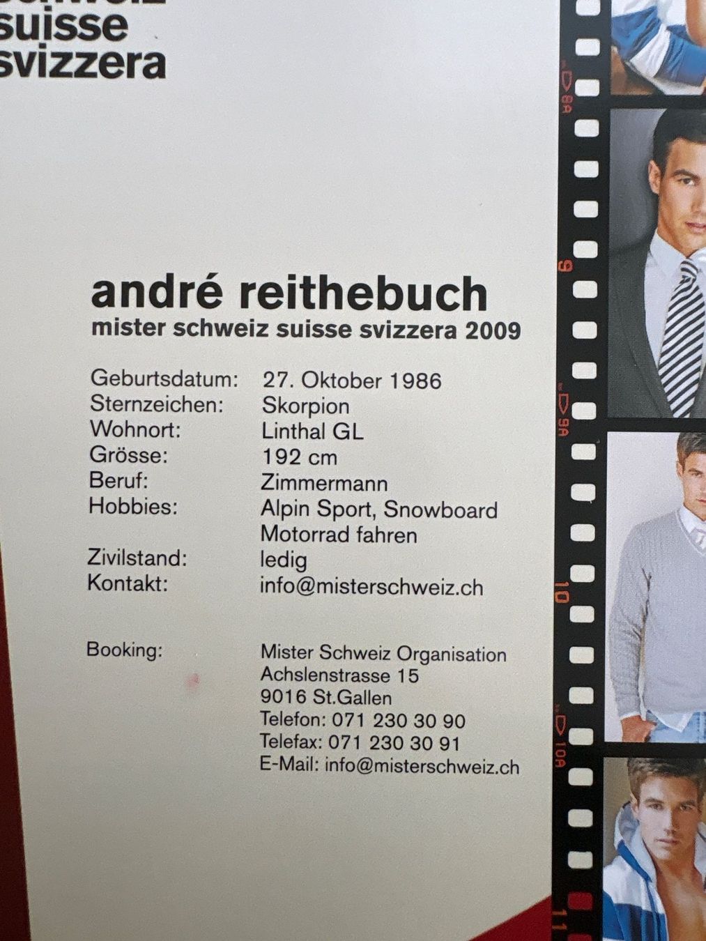 Autografi: Autogrammkarte André Reithebuch Mister Schweiz 2009 – Usato da Ibach venduto da lisch3 2