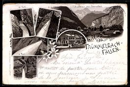 Lithographie Lauterbrunnen, Ansicht vom Hotel Trümmelbach, I