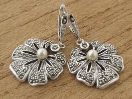 Vintage Ohrhänger Ohrringe Silber 925 Blüte Perle Markasiten