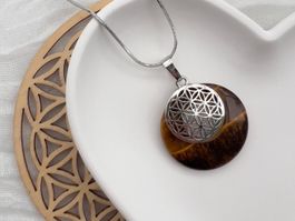 Gros pendentif en oeil de tigre avec fleur de vie