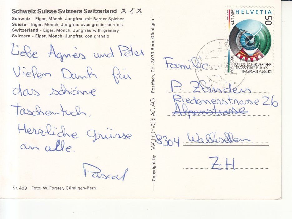 Ansichtskarten: Eiger Mönch Jungfrau 1989 – Gebraucht aus Bürglen TG von StampGraf 1