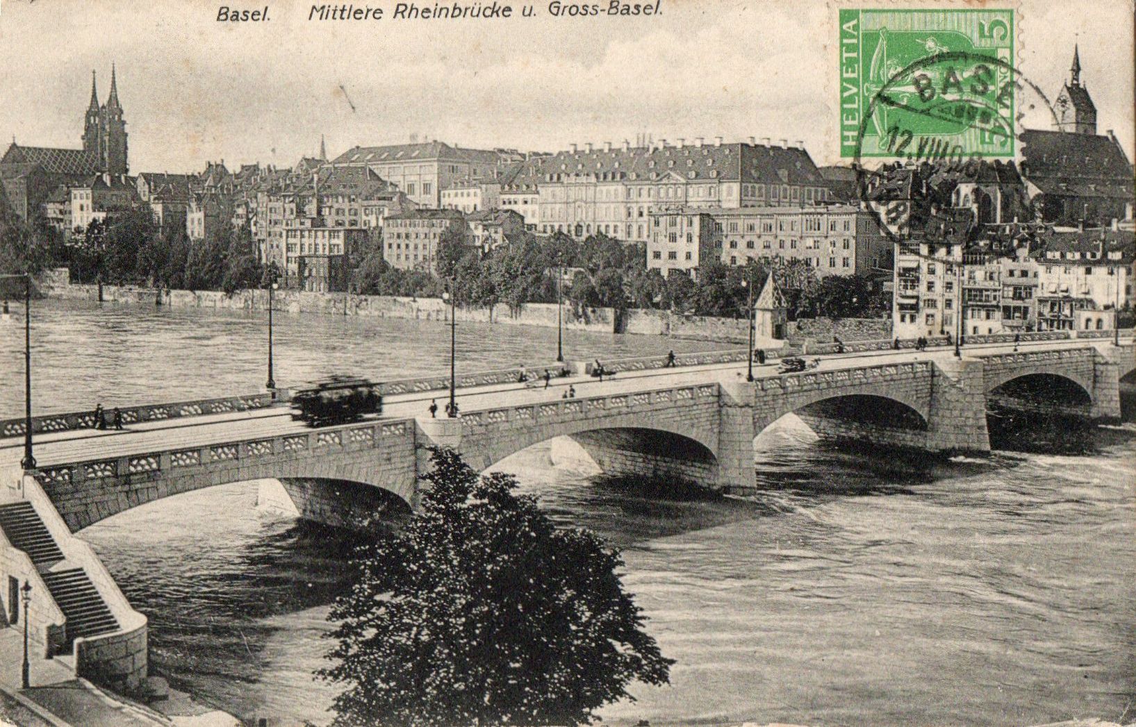 Ansichtskarten: Basel - Mittlere Rheinbrücke u.Gross-Basel – Gebraucht aus Melano von pisonsdro