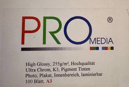 Fotopapier PRO Media A3, Hight Glossy 255g, Hochqualität