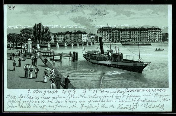 Cartoline postali: Litho Genève, Seepartie mit Dampfschiff – Usato da Berlin venduto da bartko-reher