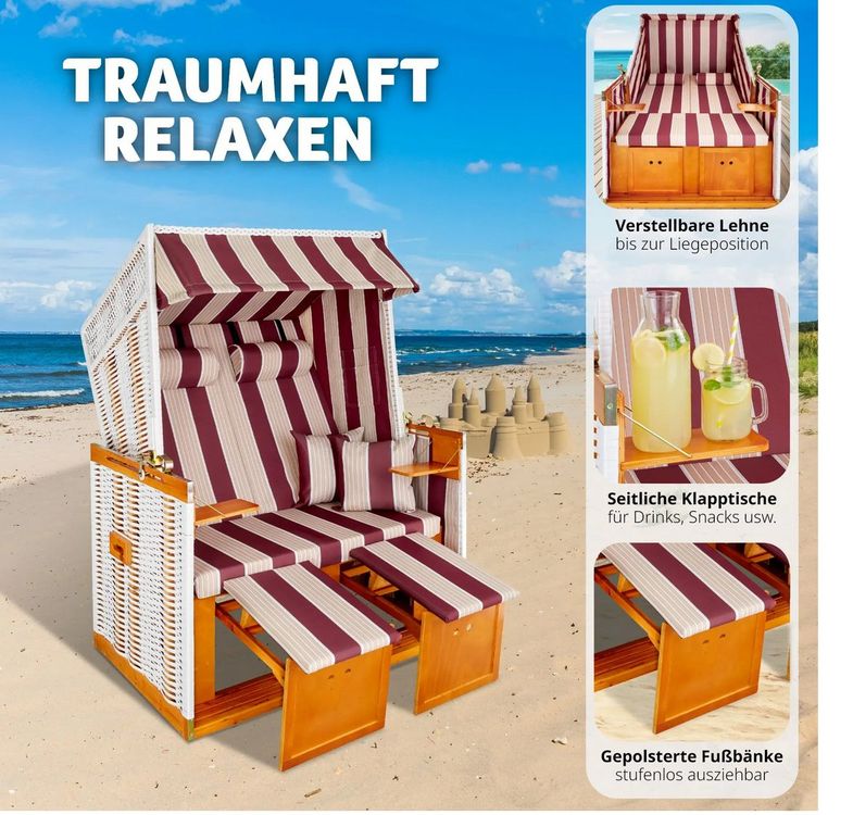 Strandkorb Sylt rot/weiss gepolstert mit ausziehbaren Fussb (Neu ...