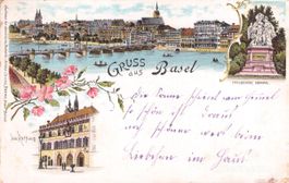 Basel // 1901 Litho Rathaus Strassburger Denkmal