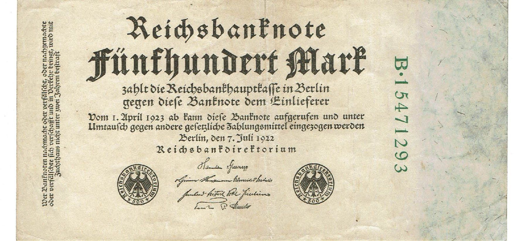 Banconote: Berlin 500 Mark grüne KN 1922 SS+-SS++ – Usato da Steffisburg venduto da ber_8htf