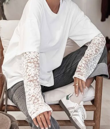 MUST HAVE - edles Shirt mit Spitzenbesatz, weiss, L