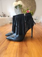 Schwarze Fransenstiefeletten, Echtleder, Gr. 38, Top!