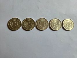 5 Franken Münze Schweiz 5Stk.1967 aus Silber unz/stgl.