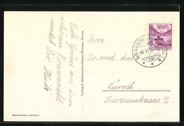 Cartoline postali: Braunwald, Hotel Alpenblick mit Ortstock – Usato da Berlin venduto da bartko-reher 1