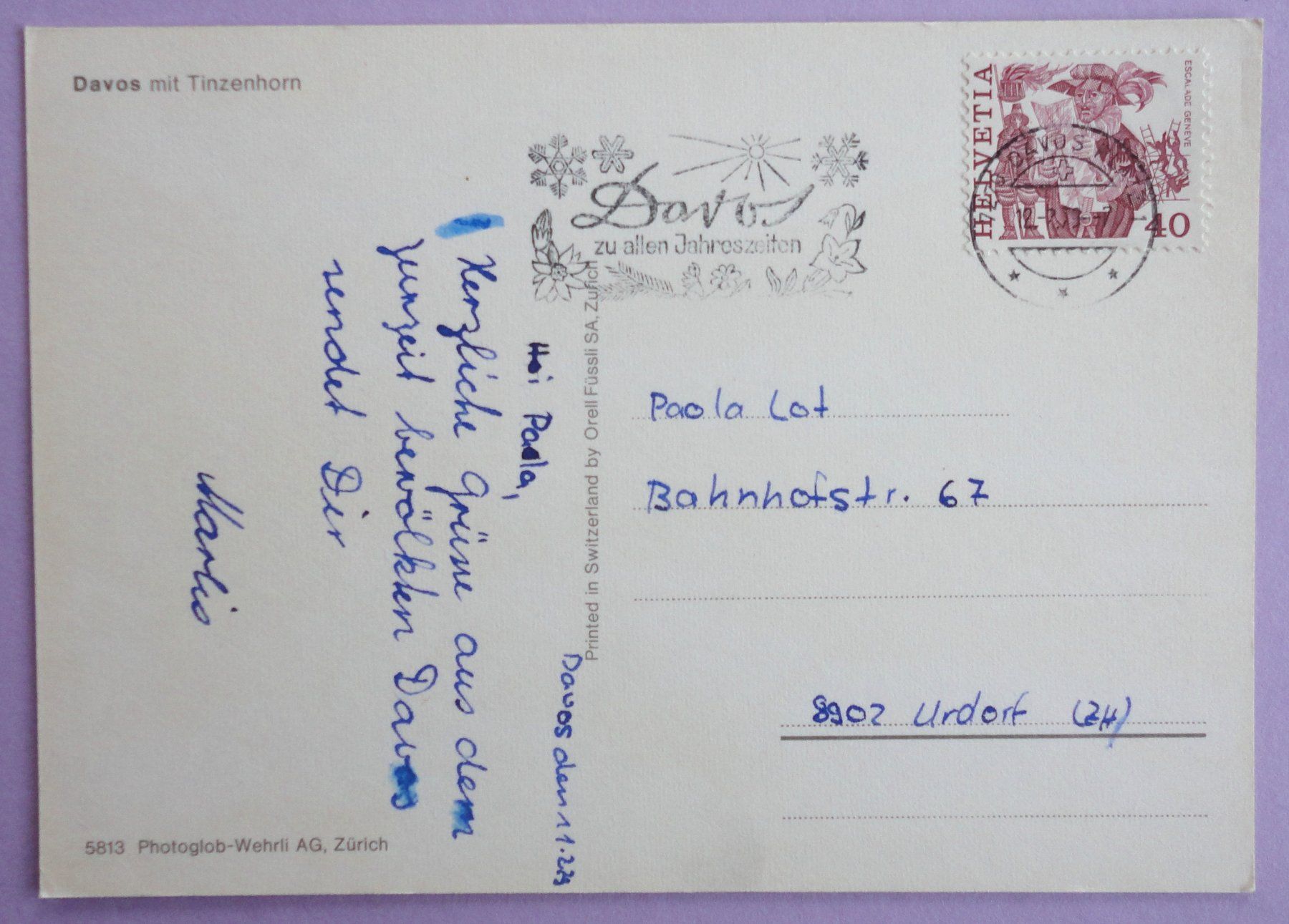 Cartoline postali: Davos mit Tinzenhorn – Usato da Fétigny venduto da Billy2miny 1