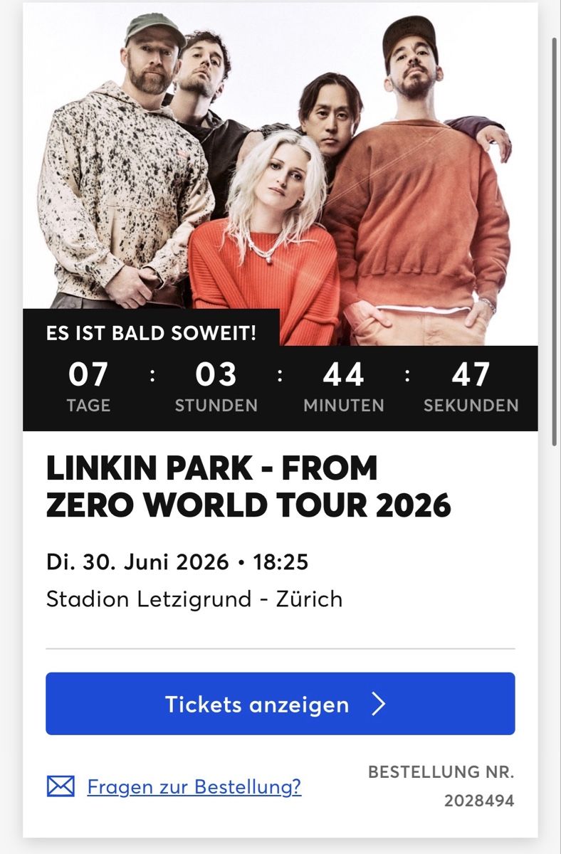 Tickets: 2x Sitzplätze Linkin Park - From Zero World Tour 2026 Ticket – Neu und originalverpackt aus Schaffhausen von Fufl