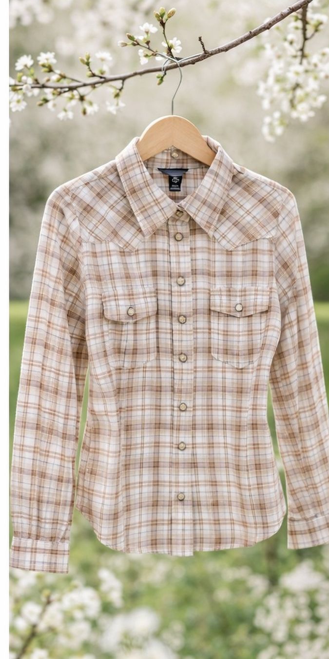Camicette: Damen Karobluse 100% Baumwolle Beige Braun Gr. 36 S – Usato da Fully venduto da VaneaSelection 3