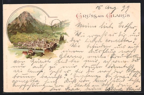 Ansichtskarten: Litho Glarus, Teilansicht mit Berg, 1899 – Gebraucht aus Berlin von bartko-reher
